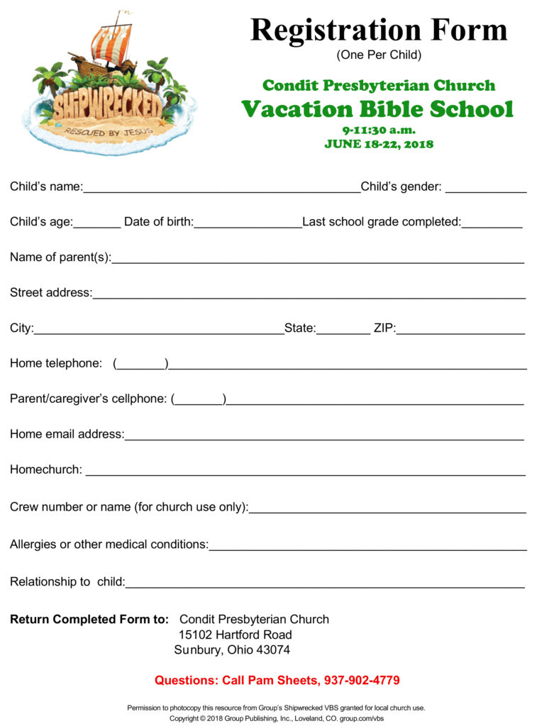 VBS Registration Form Condit Presbyterian Church Sunbury OH